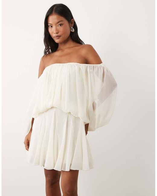 ASOS Natural Asos Design Petite Blouson Mini Dress With Split Sleeve And Volume Godet Skirt