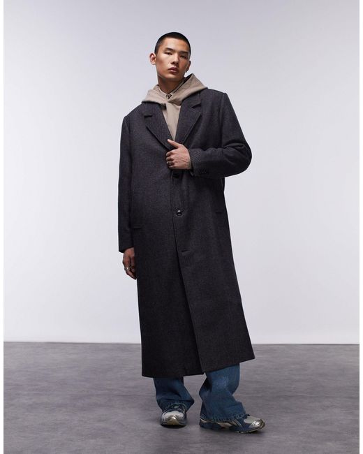 Topman Black Single Breasted Overcoat With Wool for men