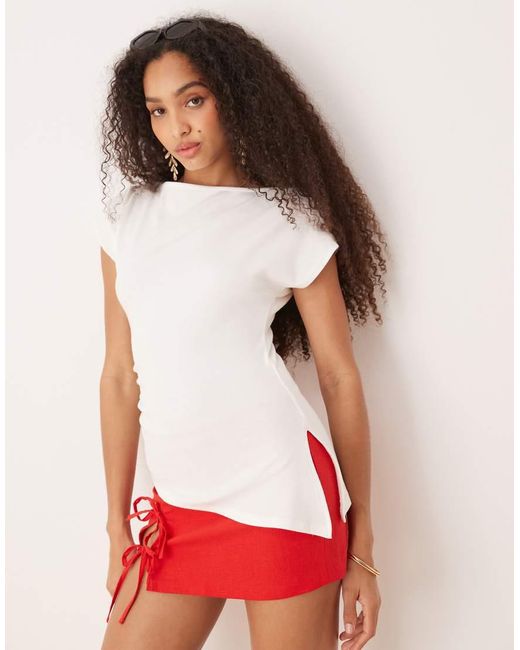 Gina Tricot Red Short Sleeve Longline Asymmetric Top