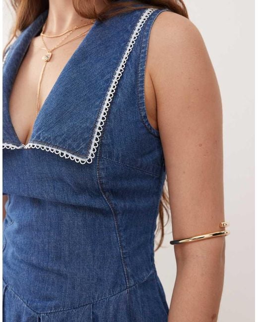 Miss Selfridge Blue Sailor Collar Denim Dress With Picot Trim