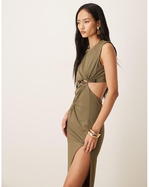 Bardot Natural Felix Slinky Sleeveless Gold Hardware Cutout Detail Thigh Split Maxi Dress