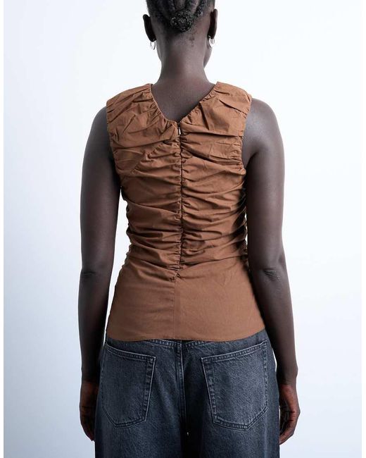 TOPSHOP Blue Poplin Ruched Shell Top