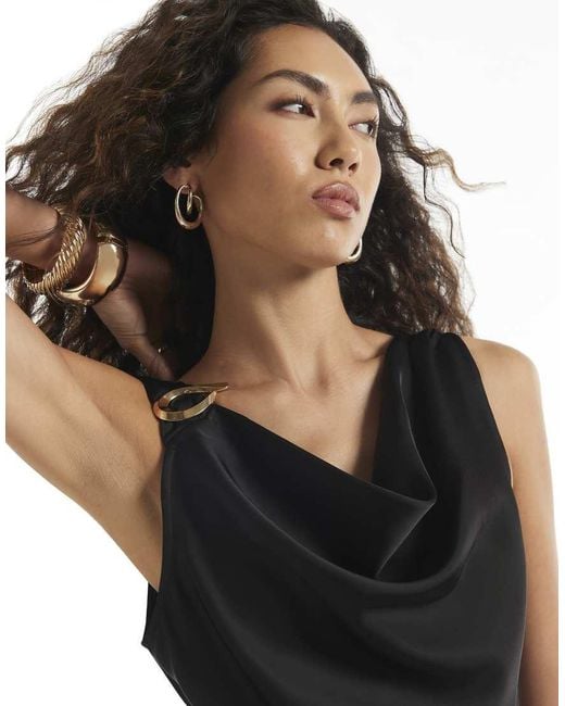 River Island Black Satin Buckle Draped Sash Top
