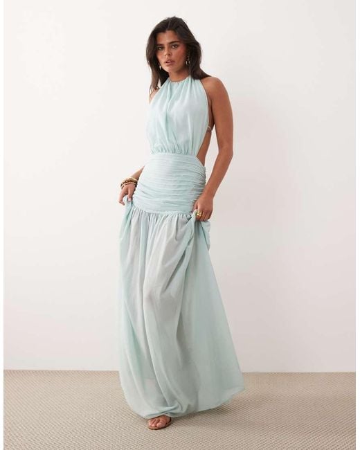 Noughts & Kisses Blue Halterneck Pleated Cinched Waist Sheer Hem Maxi Dress