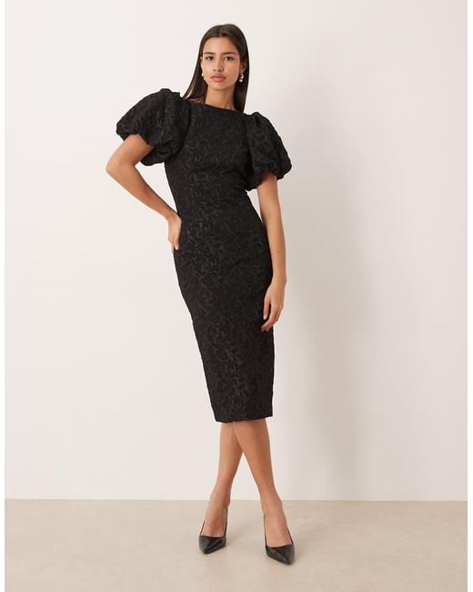 Gina Tricot Black Puff Sleeve Jacquard Print Midi Dress