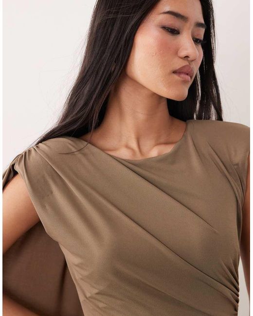 TFNC London Natural Slinky Sleeveless Shoulder Pad Ruched Cape Detail Maxi Dress