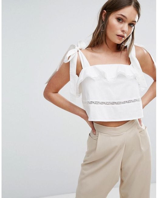 Boohoo White Ruffle And Lace Tiered Tie Shoulder Crop Top