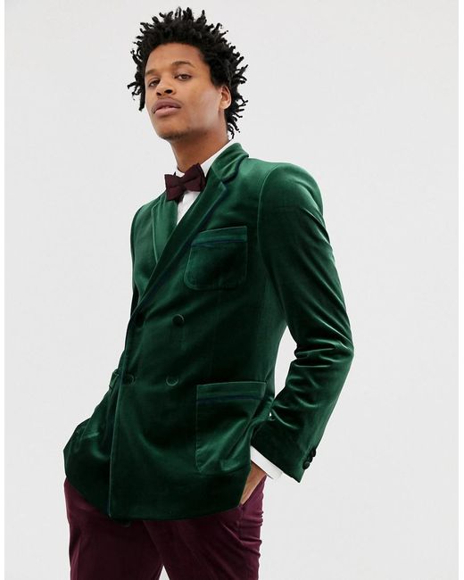 ASOS Skinny Double Breasted Blazer In Forest Green Velvet With Piping for men