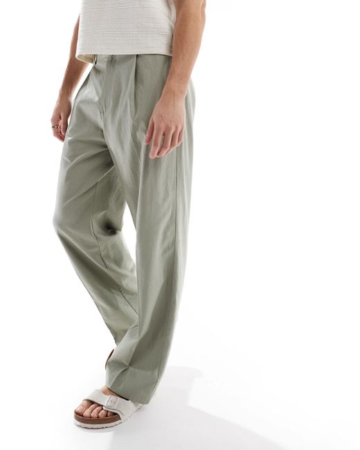 ASOS Gray Smart Wide Leg Linen Blend Trousers With Front Pleat for men