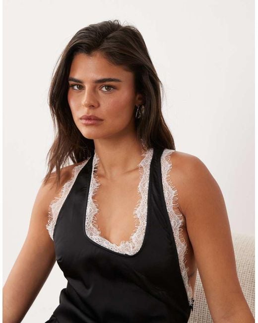 Missy Empire Black Missy Empire Satin Contrast Lace Trim Back Detail Maxi Dress