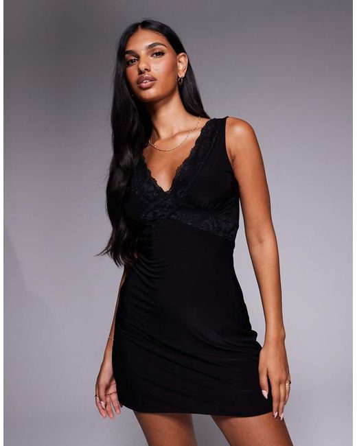 Fashionkilla Black Double-sculpted Slinky Lace Trim V-neck Mini Dress