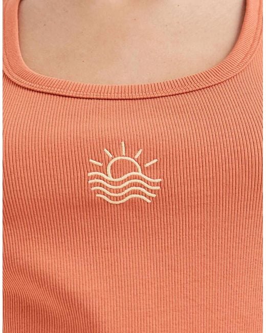 Vero Moda Orange Scoop Neck Ribbed Singlet With Sun Embroidered Graphic
