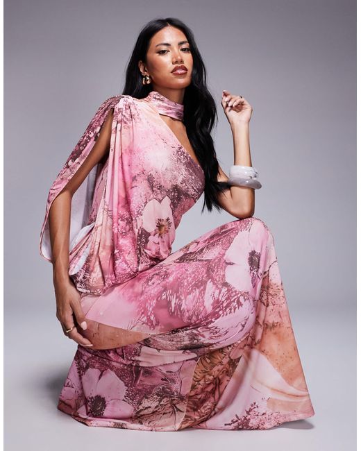ASOS Pink – drapiertes maxikleid mit blumenmuster, cape-detail und one-shoulder-träger
