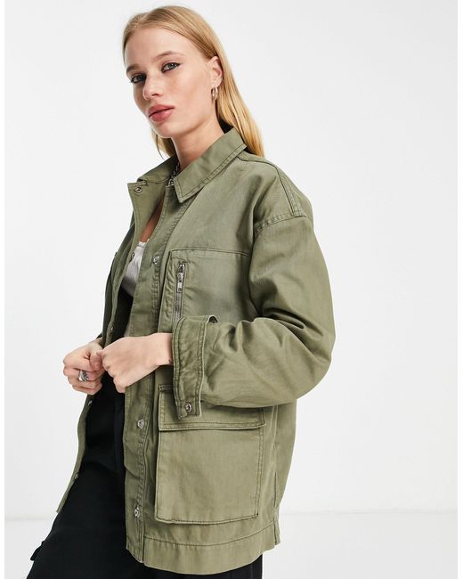 TOPSHOP Mid Length Four Pocket Utility Shacket in Green - Lyst
