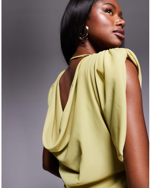 ASOS Green High Neck Satin Shoulder Pad Maxi Dress With Cowl Back