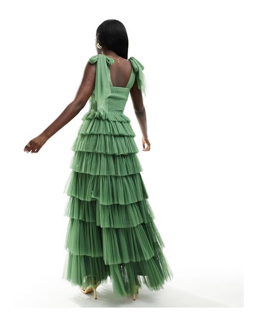 LACE & BEADS Green Tiered Tie Shoulder Tulle Maxi Dress