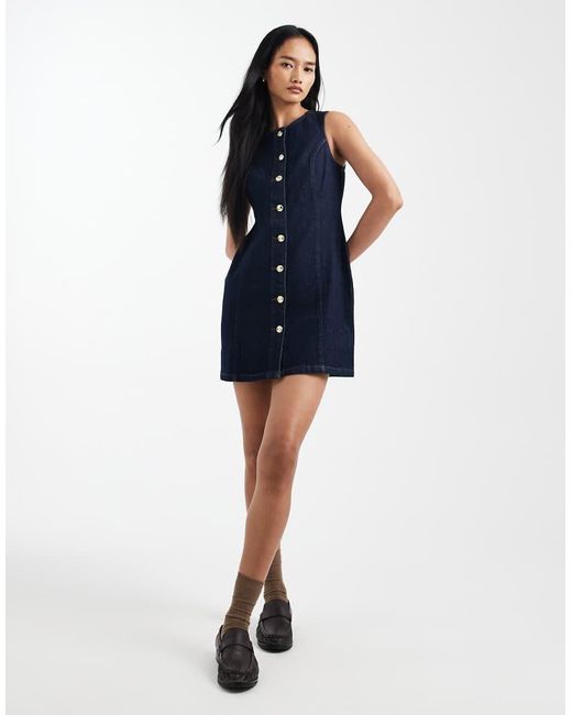 New Look Blue Denim Cinched Button Through Mini Dress