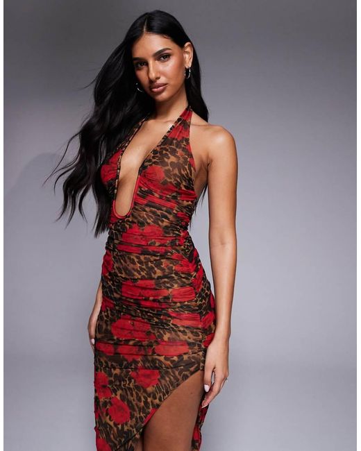 Oh Polly Multicolor Plunge Halter Neck Ruched Sheer Skirt Midi Dress