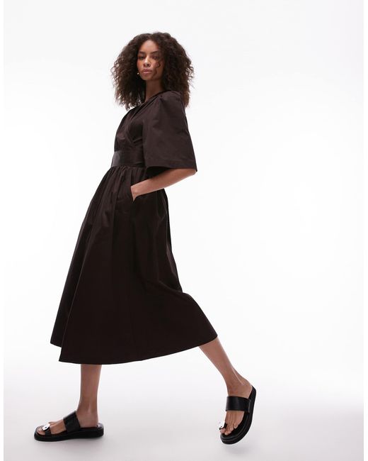 & Other Stories Black Poplin Midaxi Dress With Wrap Front And Puff Sleeves