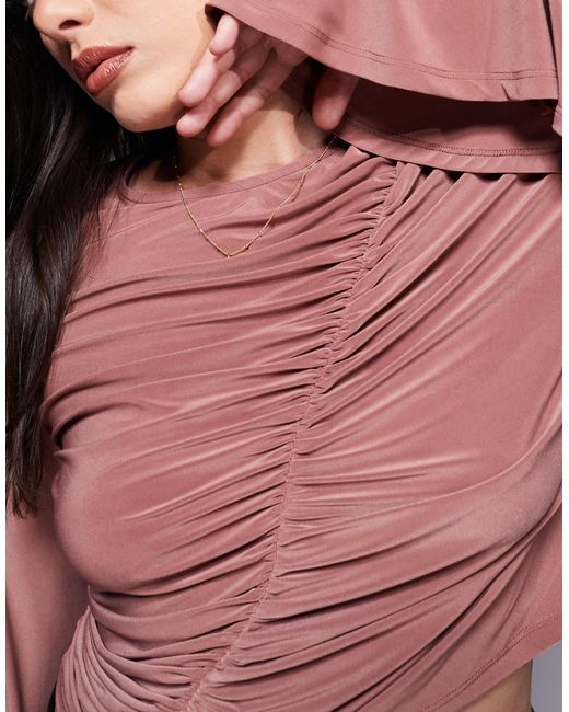 ASOS Brown Asos Design Curve Asymmetric Gathered Flared Long Sleeve Top