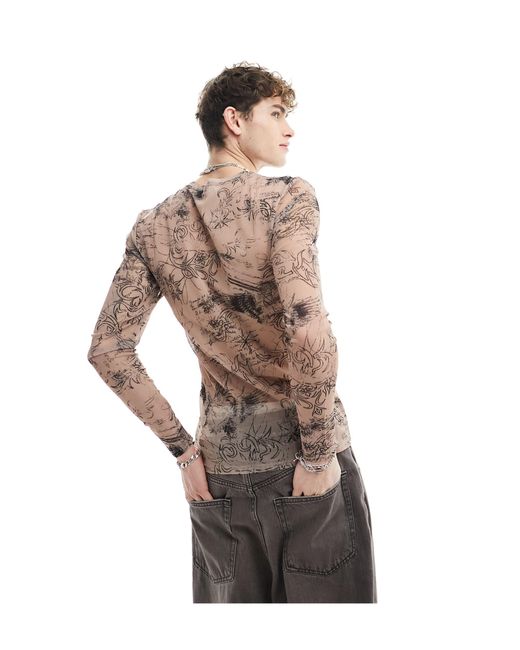 ASOS Natural Muscle Fit Long Sleeve Mesh T-shirt With Tattoo Print-neutral for men