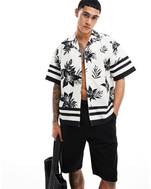 ADPT Black Oversized Camp Collar Shirt With Flower Placement Print for men