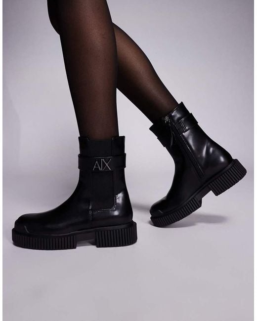 ARMANI EXCHANGE Black Buckle Logo Ankle Boots