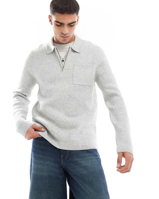 New Look Geborstelde Gebreide Polo Met Rits in het Gray voor heren