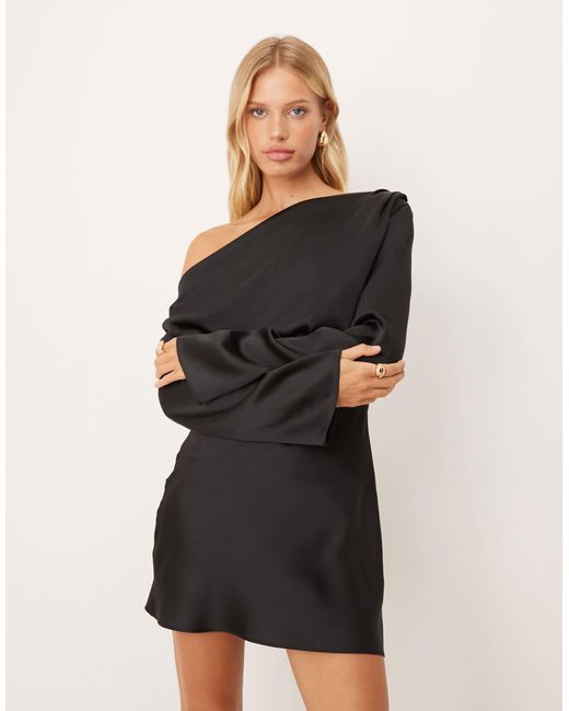 ASOS Black Satin Drape Long Sleeve Off Shoulder Mini Dress