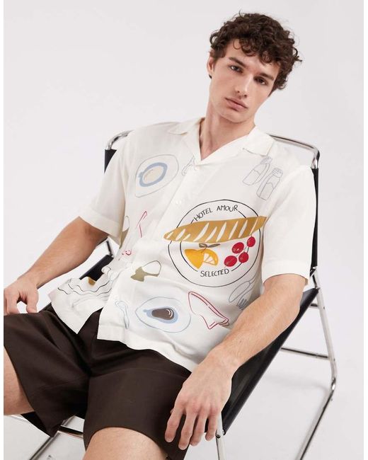 SELECTED Natural X Hotel Amour Short Sleeve Shirt With Dinner Print for men