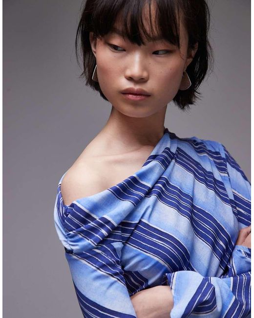 Mango Blue Off The Shoulder Long Sleeve Striped Top