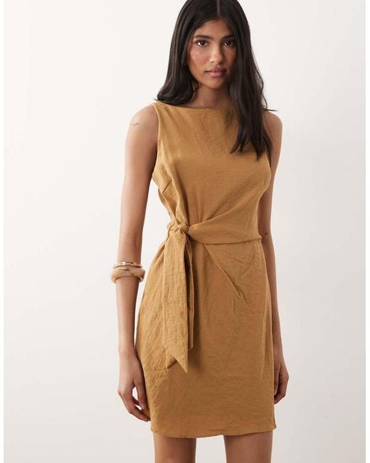 Mango Natural Boat Neck Belted Sleeveless Mini Dress