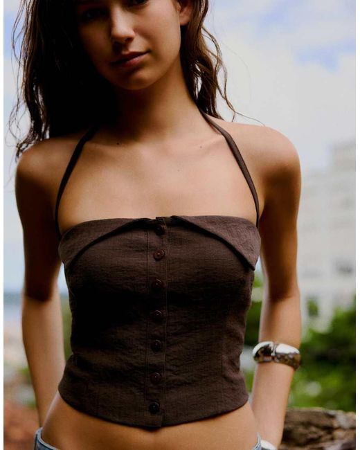 Bershka Brown Halter Button-up Vest