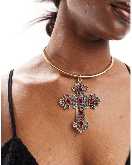 Reclaimed (vintage) Brown Choker With Oversized Cross