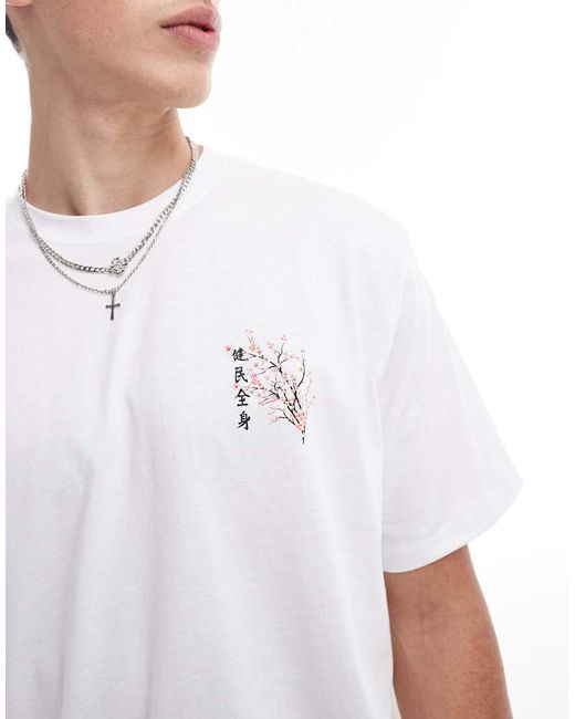 T-Shirt Oversize Bianca Con Stampa Di Fiori E Scritta di Jack & Jones in White da Uomo