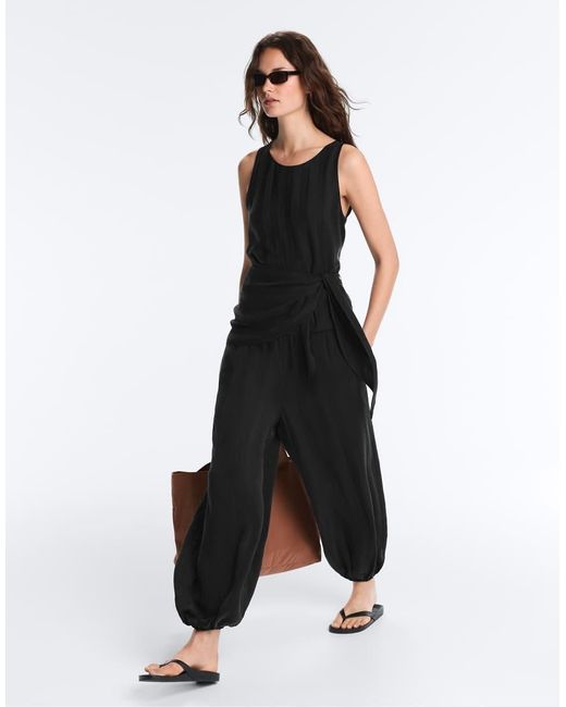 Oysho Black 100% Cupro Sleeveless Top With Scarf