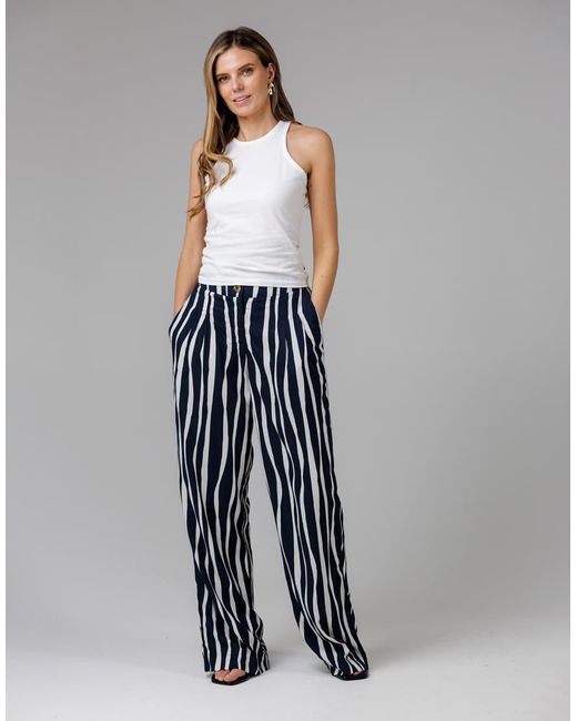 French Connection Blue Cotton Vertical Stripe Wide Leg Relaxed Fit Trousers