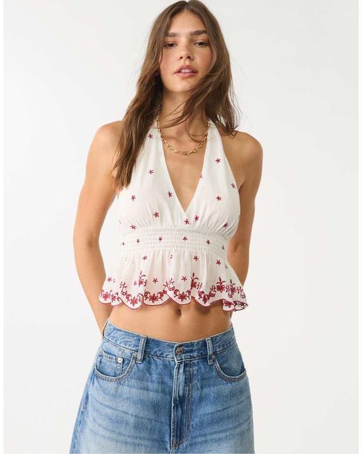 Stradivarius Blue Halter Top With Contrast Embroidery