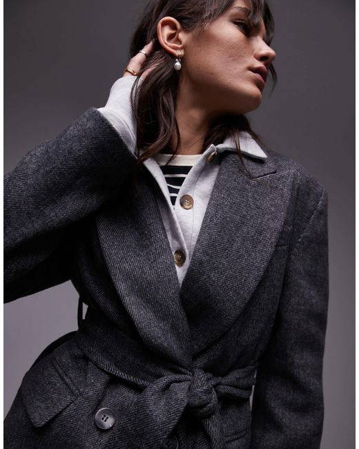 Blazer en sergé à double boutonnage et ceinture - anthracite TOPSHOP en coloris Blue