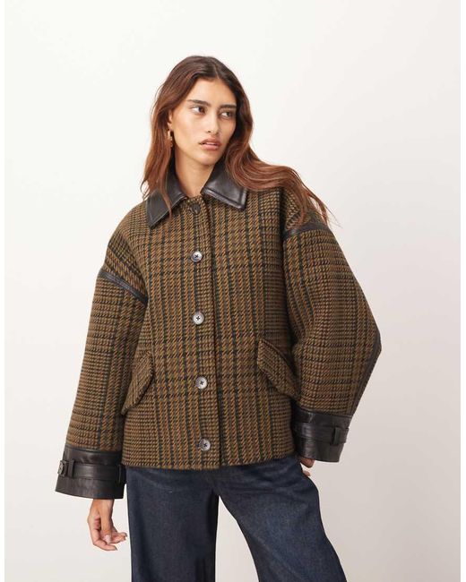 ARRANGE Brown Houndstooth Brushed Wool Blend Coat With Leather Detail