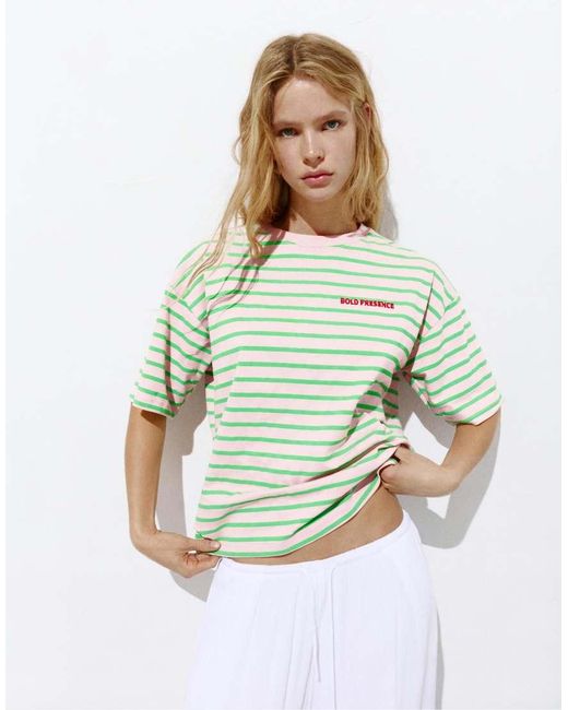 Pull&Bear Green Striped T-shirt With Slogan