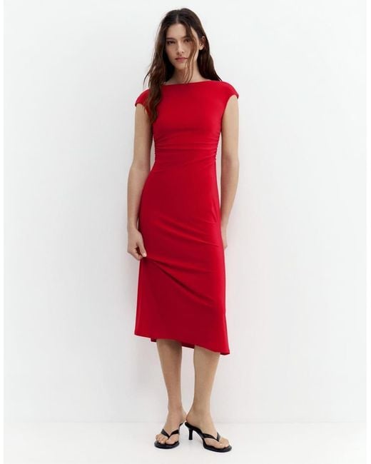 Pull&Bear Red Short Sleeve Midi Dress