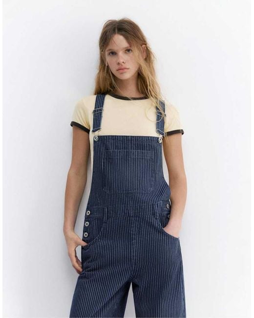 Pull&Bear Blue Long Striped Denim Dungarees