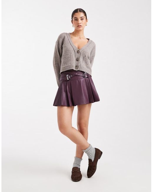Miss Selfridge Purple Faux Leather Pleated Kilt With Buckles