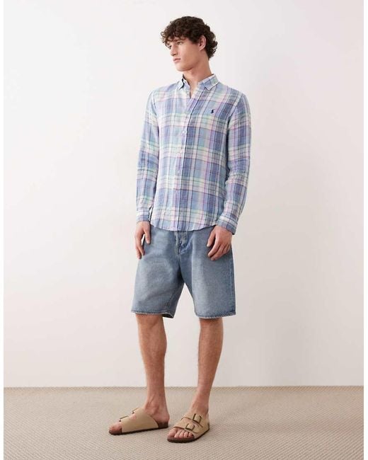 Polo Ralph Lauren Blue Icon Logo Checked Linen Long Sleeve Shirt for men