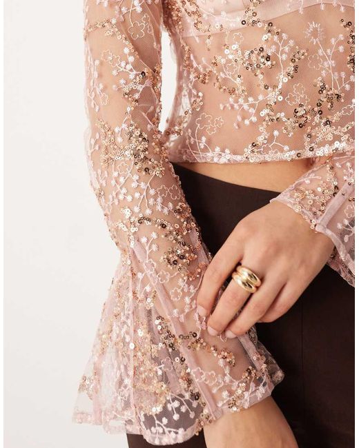 ASOS Pink Delicate Lace Scatter Sequin Flare Sleeve Top With Cutout Back Detail