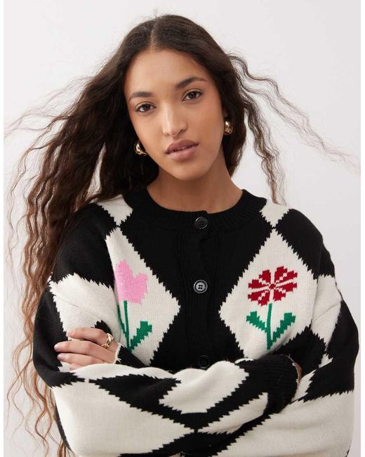 Miss Selfridge Black Diamond & Flower Crew Cardigan