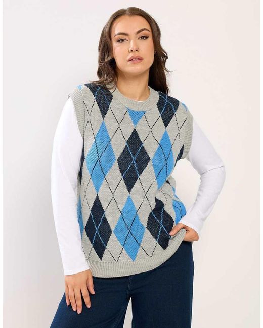 Yours Clothing Blue Argyle Knitted Vest Top