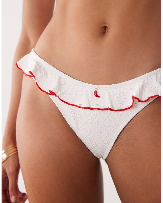 ASOS Brown Brynn Broderie Frilly High Leg Bikini Bottom With Chili Charm