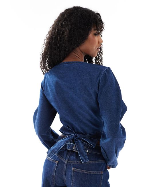 ASOS Blue Denim Long Sleeve Wrap Top With Pleat Cuff Detail